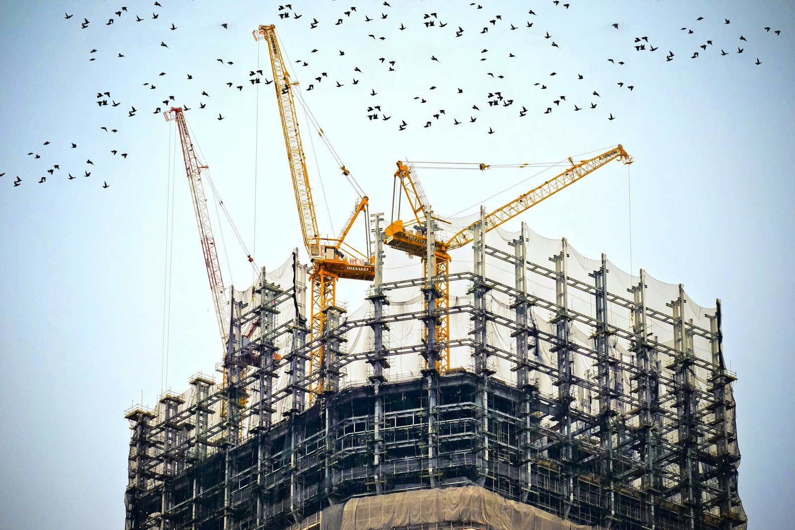 Hochbaustelle mit Kränen vor Hochhausfassade